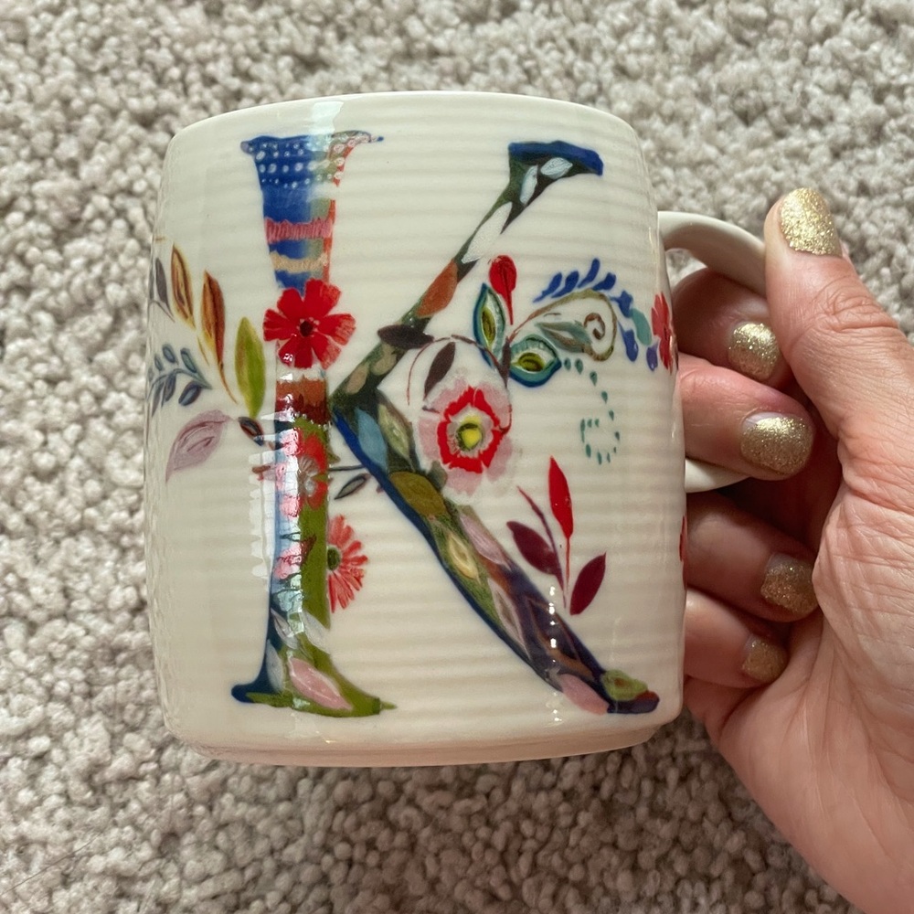 Anthropologie Starla M. Halfmann Monogram Letter K Mug Floral Coffee Tea Ceramic